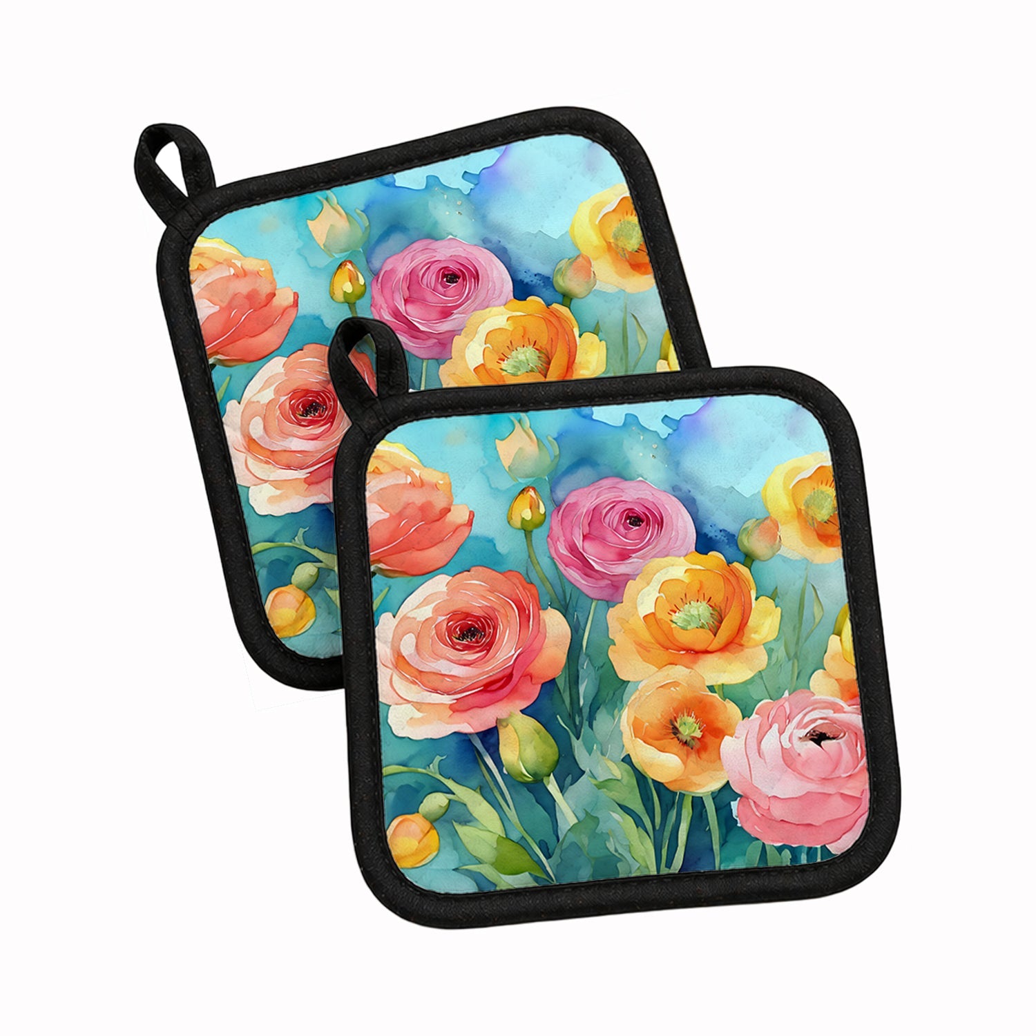 Ranunculus in Watercolor Pot Holder Set of 2 Heat Resistant Quilted Hot Pads 7.5 x 7.5 Inch, Insulated Kitchen Trivets for Cooking & Baking