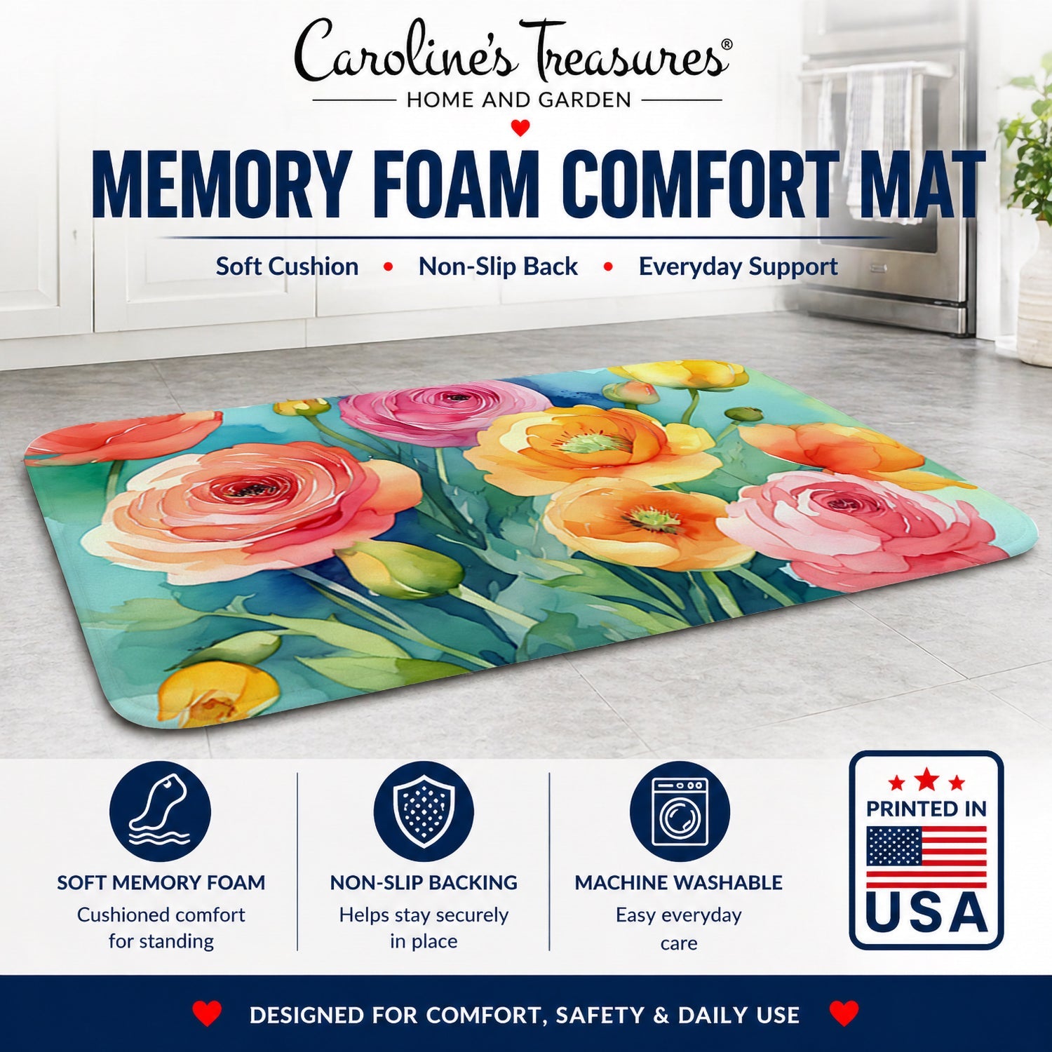 Ranunculus in Watercolor Memory Foam Kitchen Mat Machine Washable Anti-Fatigue Cushion Comfort Bath or Kitchen Rug