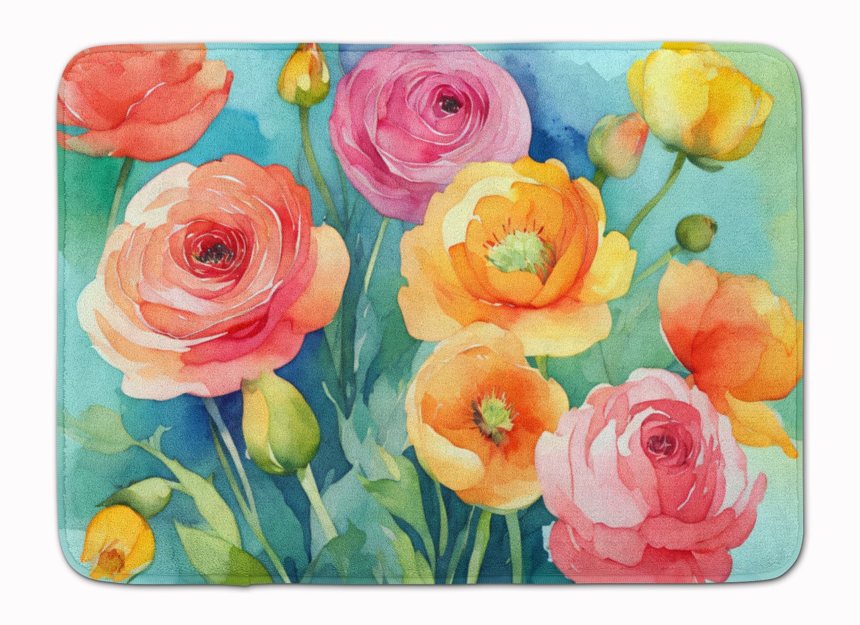 Ranunculus in Watercolor Memory Foam Kitchen Mat Machine Washable Anti-Fatigue Cushion Comfort Bath or Kitchen Rug