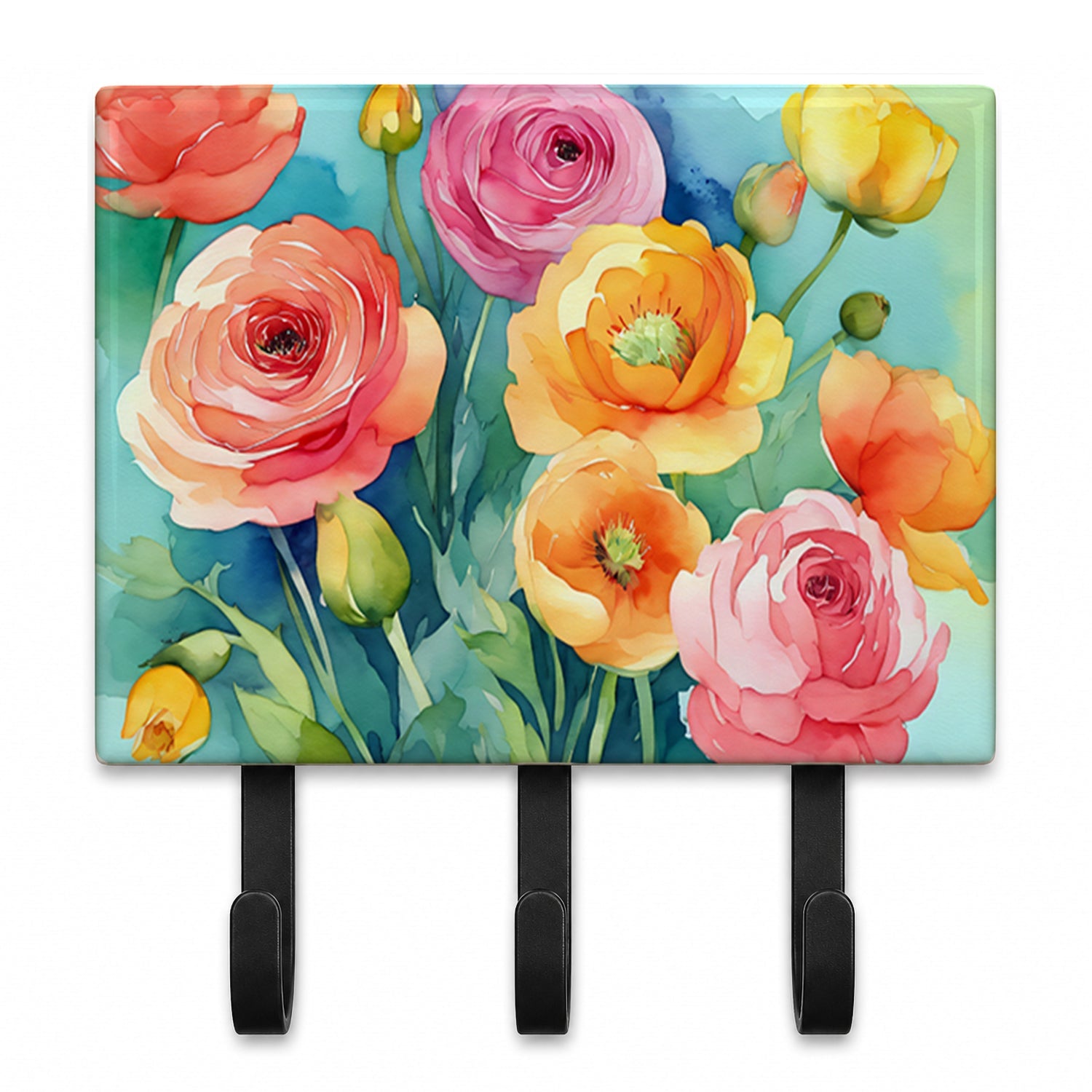 Ranunculus in Watercolor Leash or Key Holder Wall Hooks, Coat Rack Wall Mount, for Hanging Keys, Towels, Aprons, Leashes