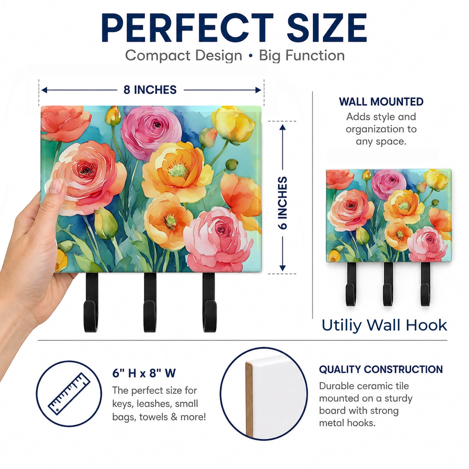 Ranunculus in Watercolor Leash or Key Holder Wall Hooks, Coat Rack Wall Mount, for Hanging Keys, Towels, Aprons, Leashes