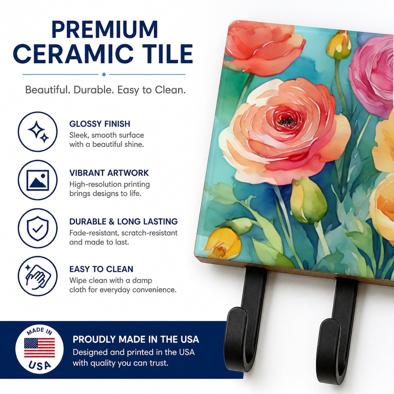 Ranunculus in Watercolor Leash or Key Holder Wall Hooks, Coat Rack Wall Mount, for Hanging Keys, Towels, Aprons, Leashes