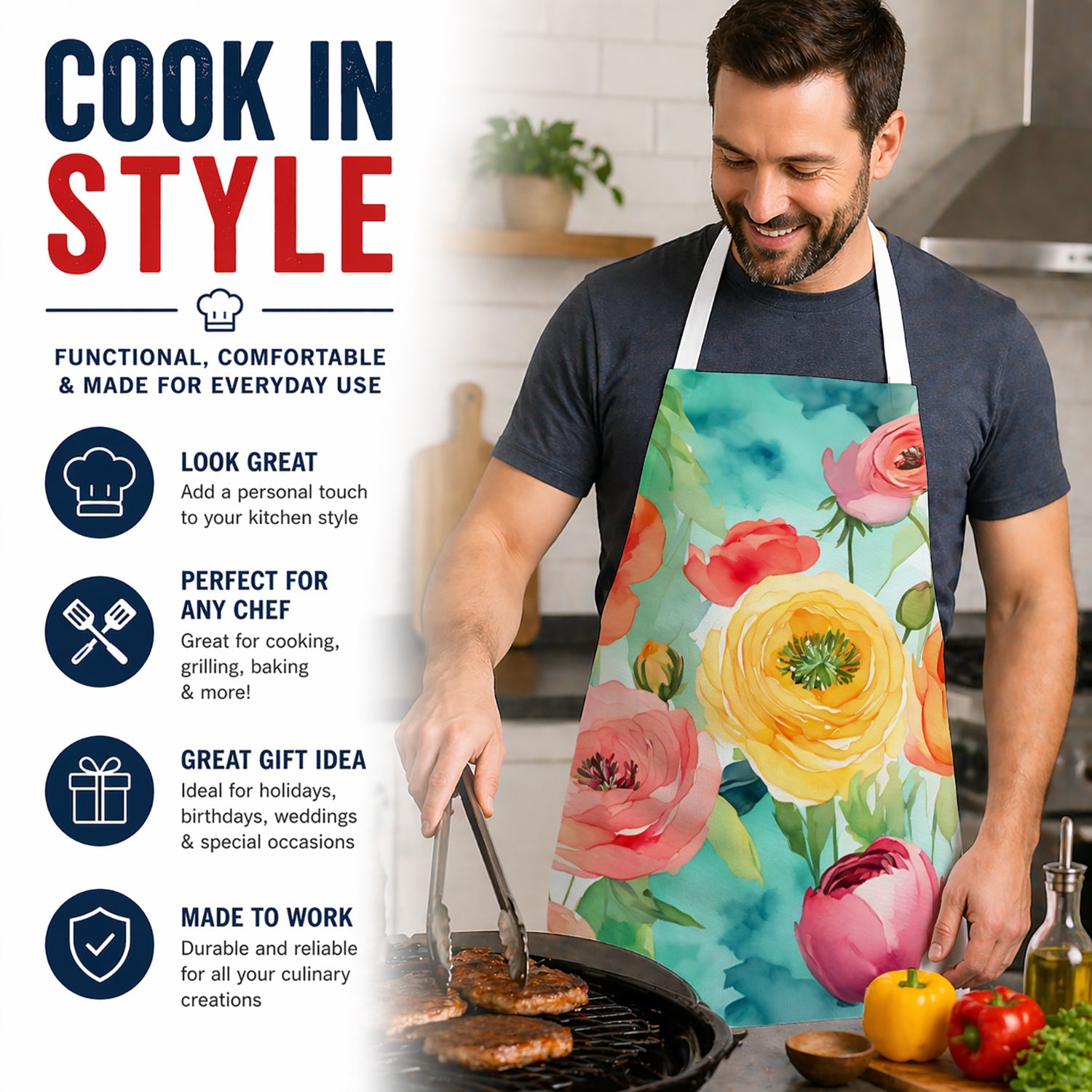 Ranunculus in Watercolor Apron Cooking Kitchen Server Baking Crafts Gardening for Adult Women Men, Unisex, Large, Multicolor