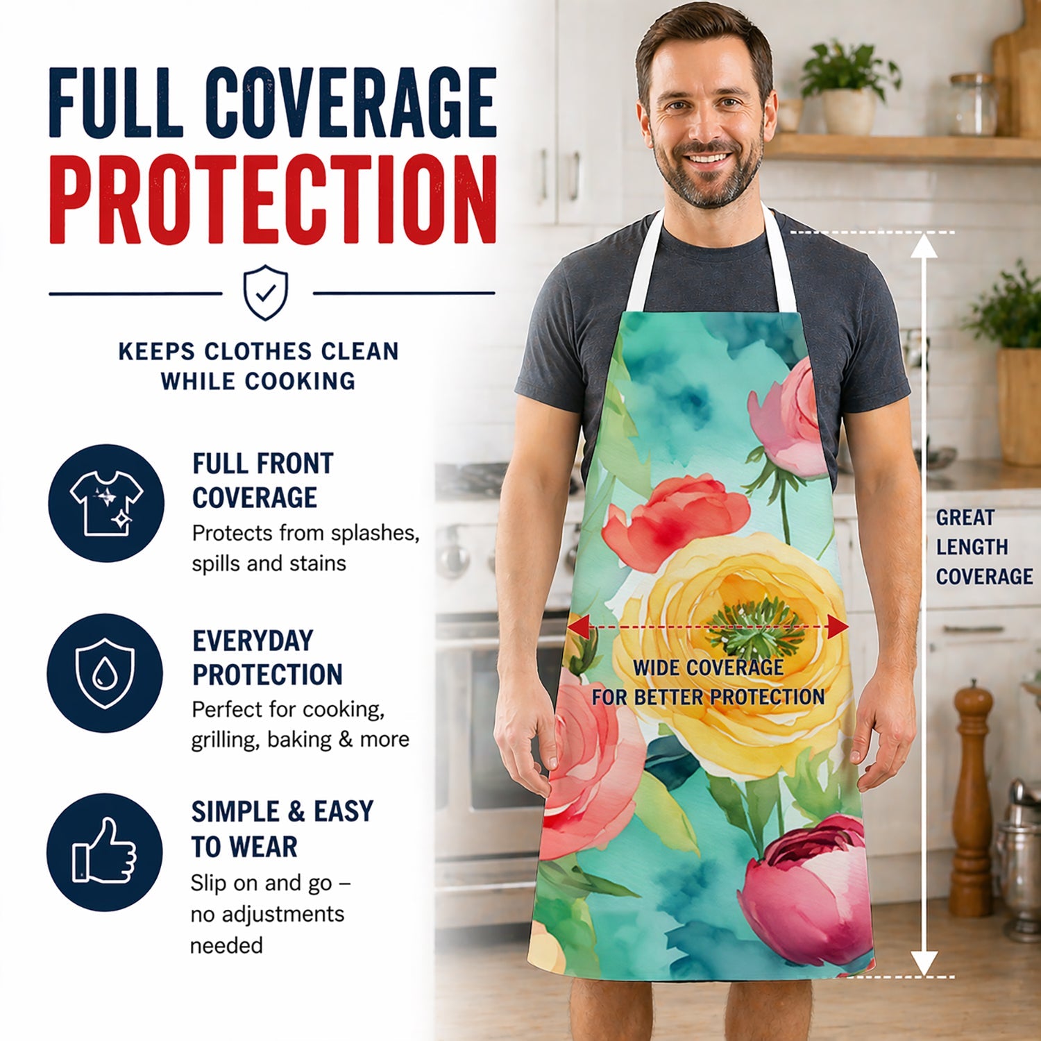 Ranunculus in Watercolor Apron Cooking Kitchen Server Baking Crafts Gardening for Adult Women Men, Unisex, Large, Multicolor