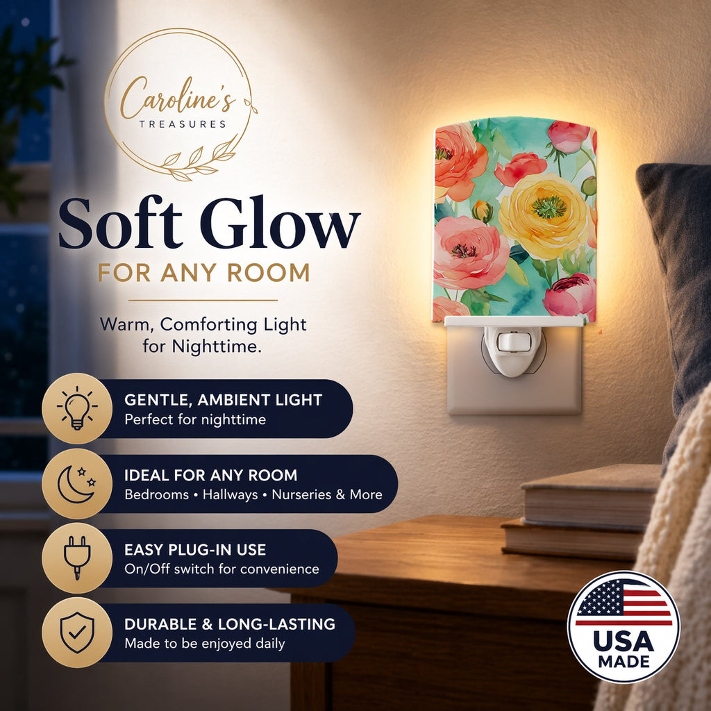 Ranunculus in Watercolor Ceramic Night Light Compact, UL-Certified, Ideal for Bedroom, Bathroom, Nursery, Hallway, Kitchen, 6x4x3, Multicolor