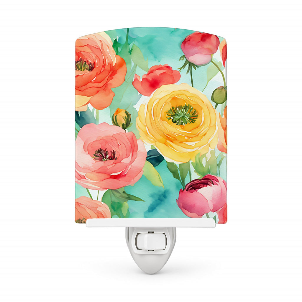Ranunculus in Watercolor Ceramic Night Light Compact, UL-Certified, Ideal for Bedroom, Bathroom, Nursery, Hallway, Kitchen, 6x4x3, Multicolor