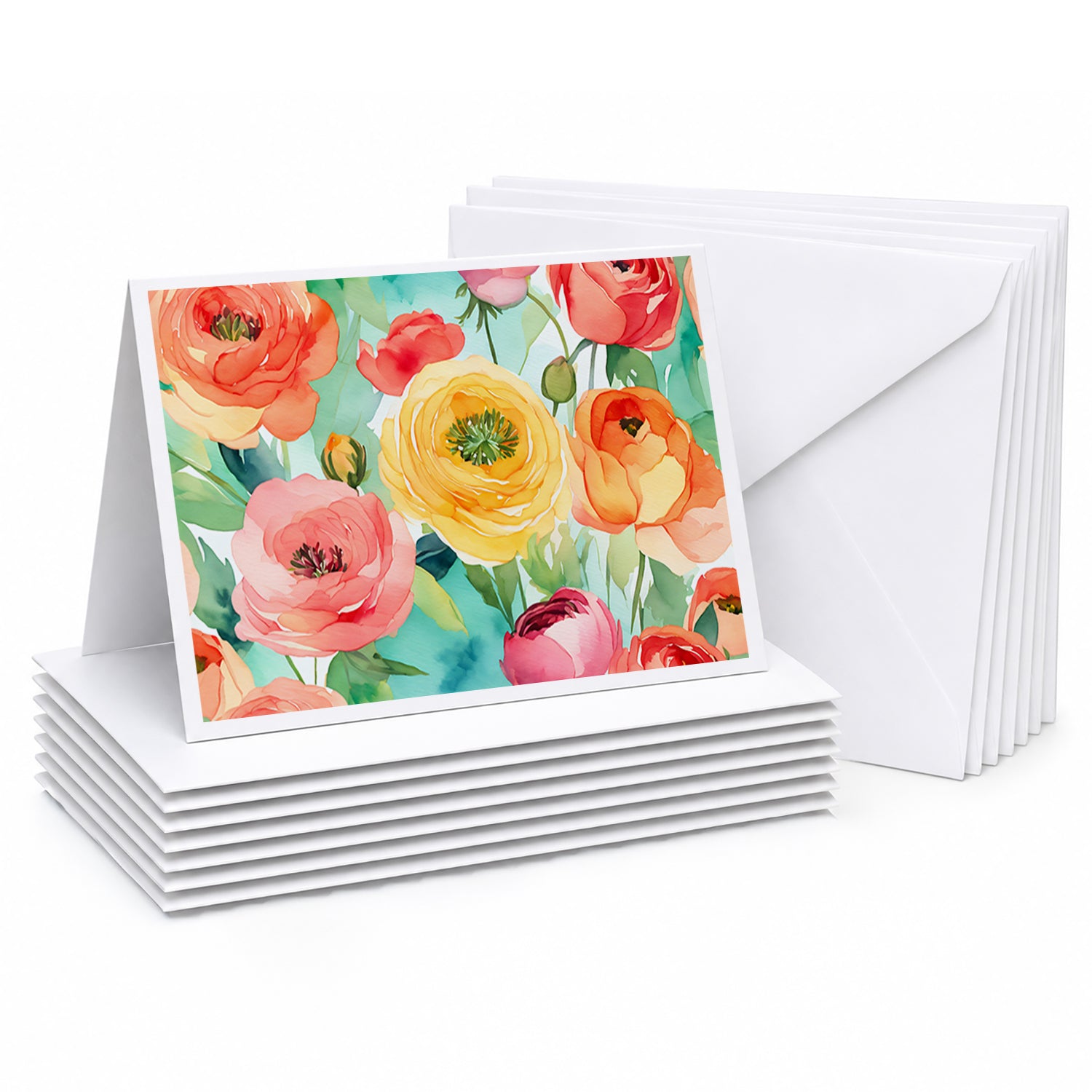 Ranunculus in Watercolor Greeting Cards Pack of 8 Blank Cards with Envelopes Whimsical A7 Size 5x7