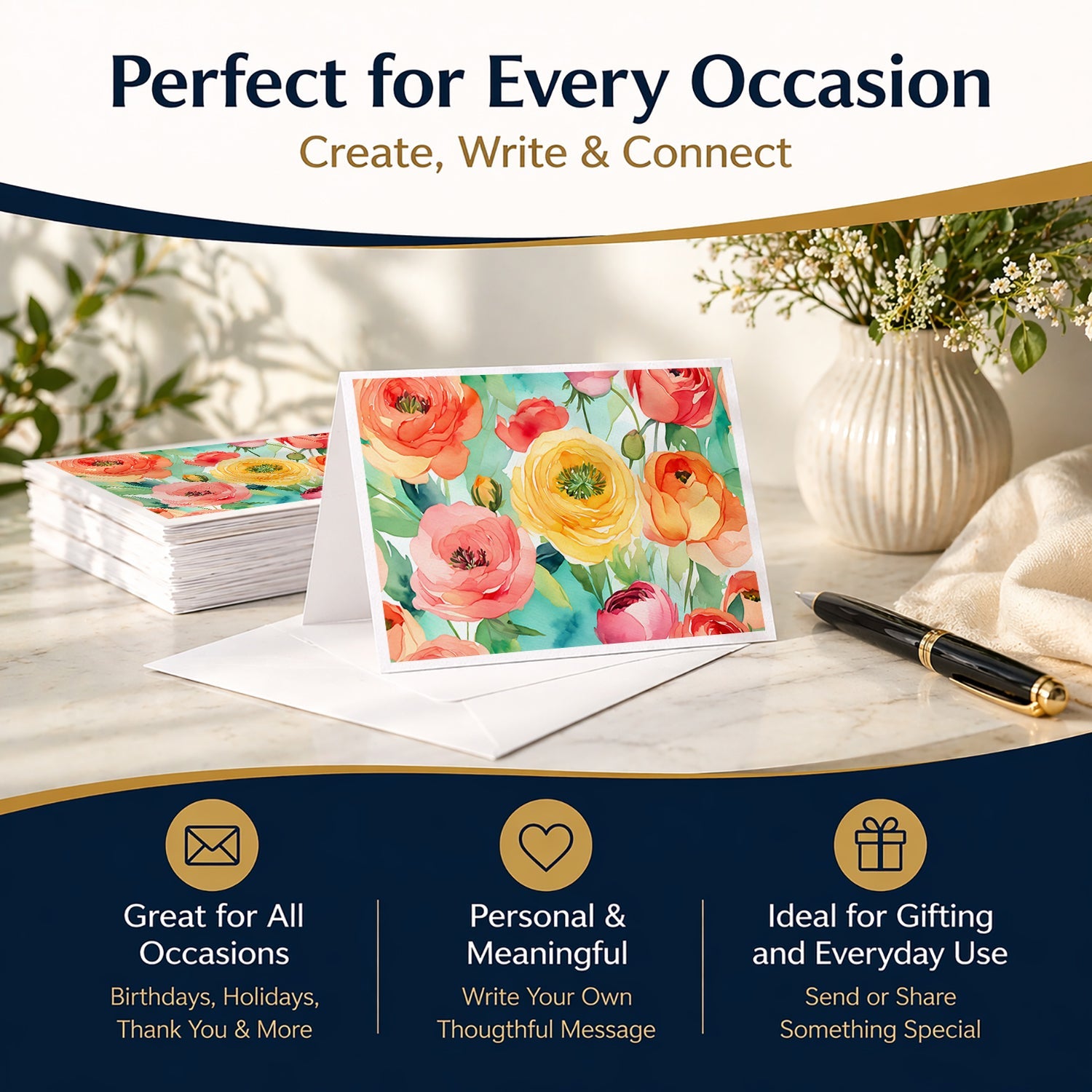 Ranunculus in Watercolor Greeting Cards Pack of 8 Blank Cards with Envelopes Whimsical A7 Size 5x7