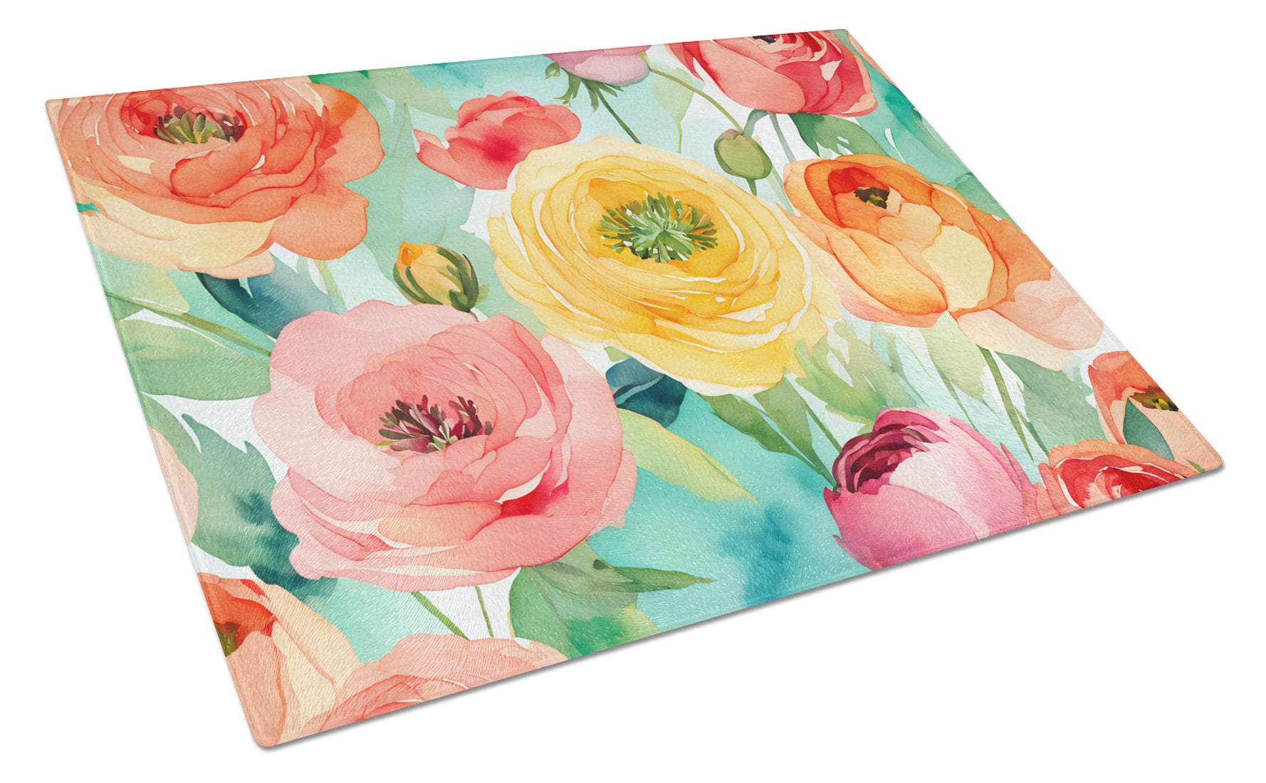 Ranunculus in Watercolor Cutting Board Tempered Glass Kitchen Cutting Surface, Heat Resistant Chopping, Non-Slip Feet, Food Prep & Serving