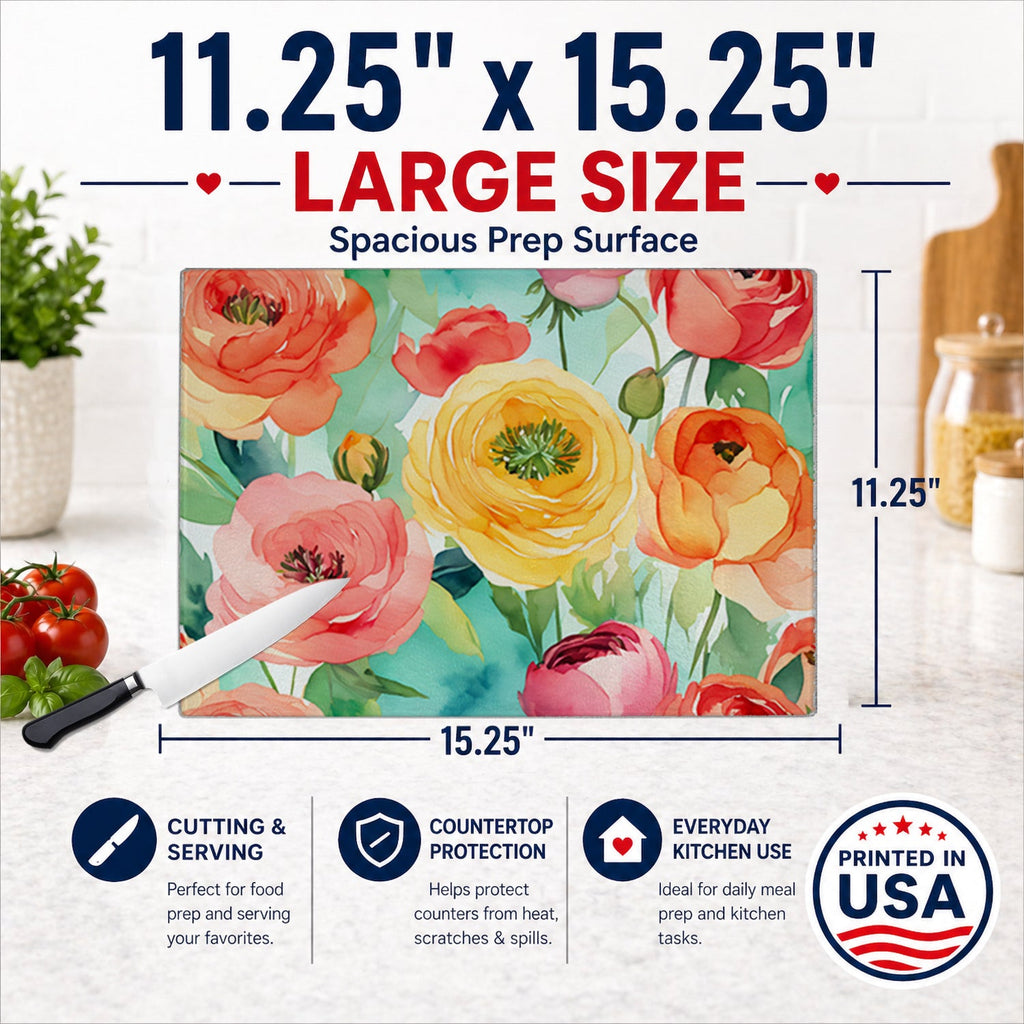 Ranunculus in Watercolor Cutting Board Tempered Glass Kitchen Cutting Surface, Heat Resistant Chopping, Non-Slip Feet, Food Prep & Serving