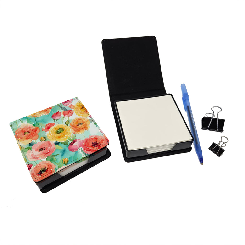 Ranunculus in Watercolor PU Leather Note Paper Holder with Artist-Designed Cover, Desk Accessory, Office Gift