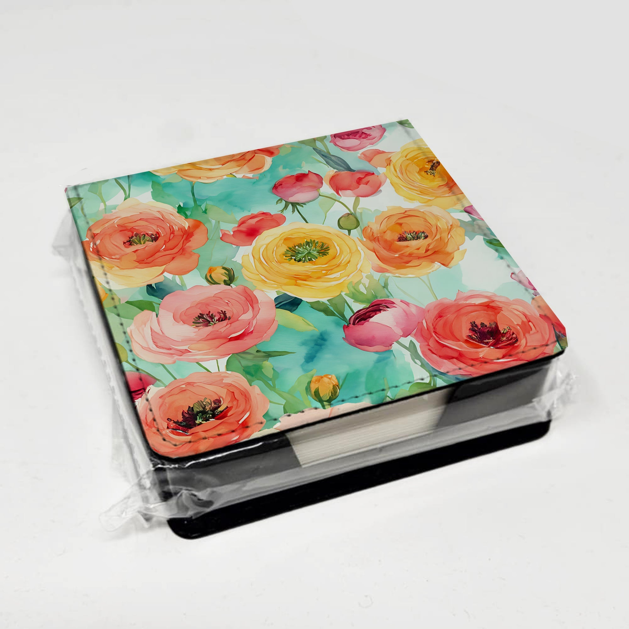 Ranunculus in Watercolor PU Leather Note Paper Holder with Artist-Designed Cover, Desk Accessory, Office Gift