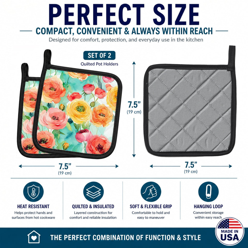 Ranunculus in Watercolor Pot Holder Set of 2 Heat Resistant Quilted Hot Pads 7.5 x 7.5 Inch, Insulated Kitchen Trivets for Cooking & Baking