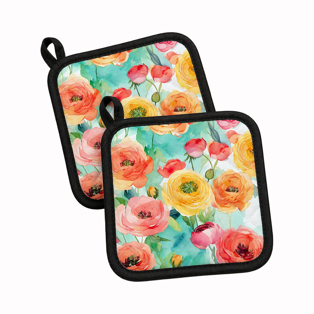 Ranunculus in Watercolor Pot Holder Set of 2 Heat Resistant Quilted Hot Pads 7.5 x 7.5 Inch, Insulated Kitchen Trivets for Cooking & Baking