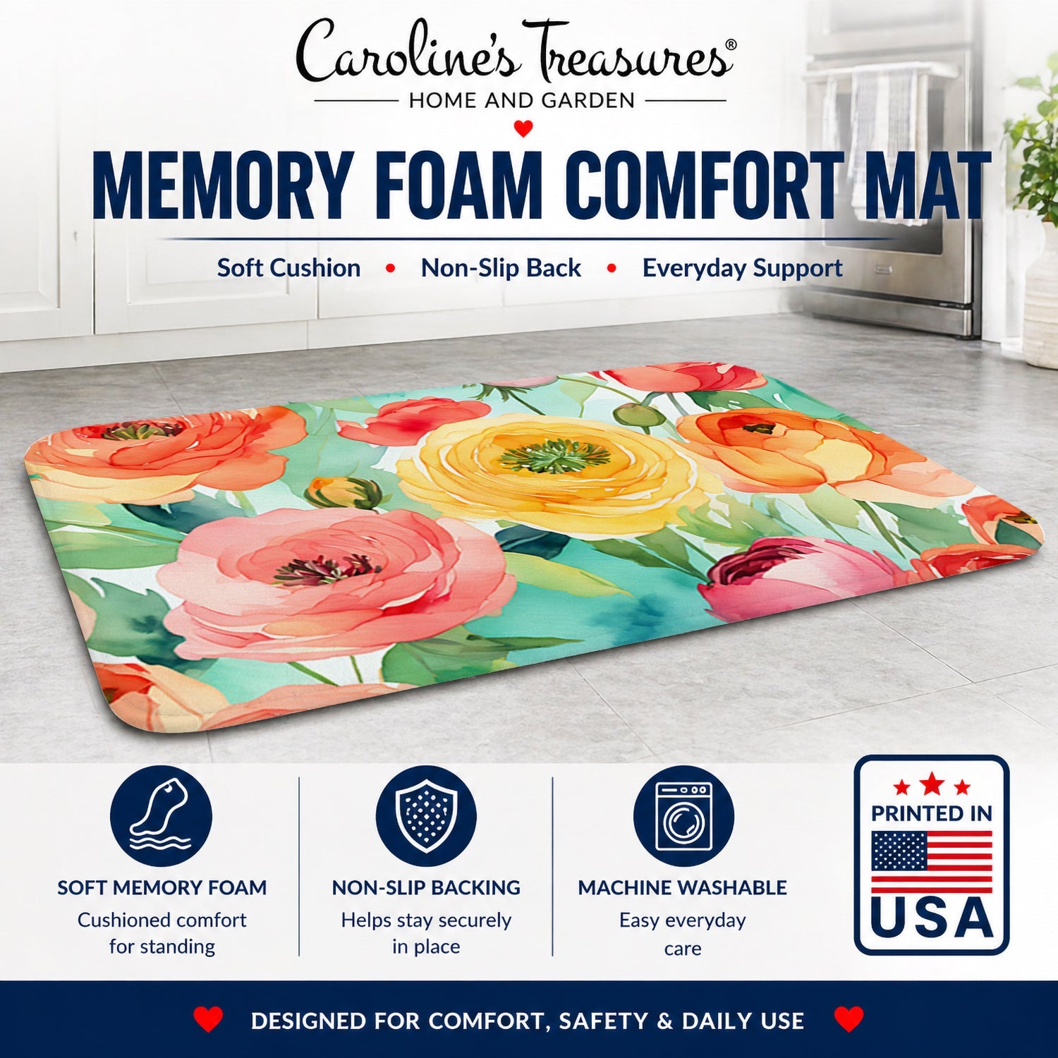 Ranunculus in Watercolor Memory Foam Kitchen Mat Machine Washable Anti-Fatigue Cushion Comfort Bath or Kitchen Rug