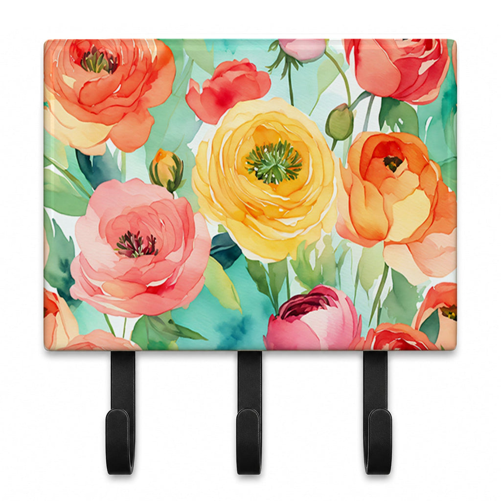 Ranunculus in Watercolor Leash or Key Holder Wall Hooks, Coat Rack Wall Mount, for Hanging Keys, Towels, Aprons, Leashes