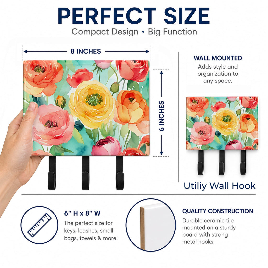 Ranunculus in Watercolor Leash or Key Holder Wall Hooks, Coat Rack Wall Mount, for Hanging Keys, Towels, Aprons, Leashes