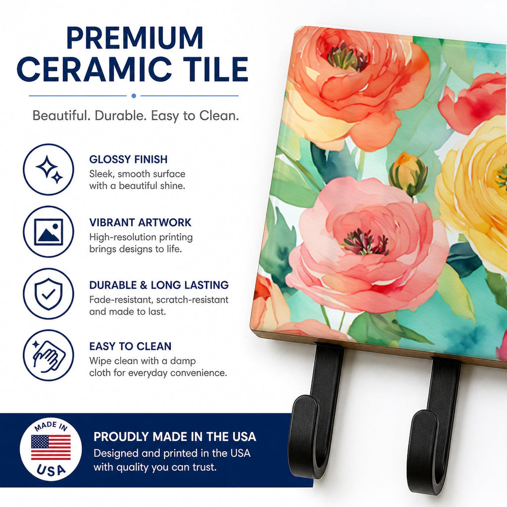 Ranunculus in Watercolor Leash or Key Holder Wall Hooks, Coat Rack Wall Mount, for Hanging Keys, Towels, Aprons, Leashes