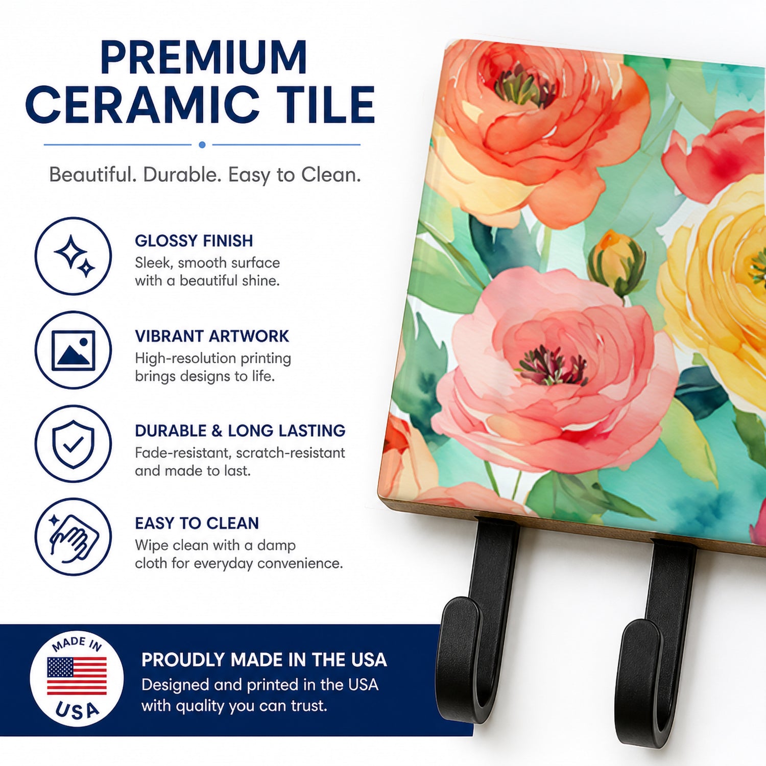 Ranunculus in Watercolor Leash or Key Holder Wall Hooks, Coat Rack Wall Mount, for Hanging Keys, Towels, Aprons, Leashes