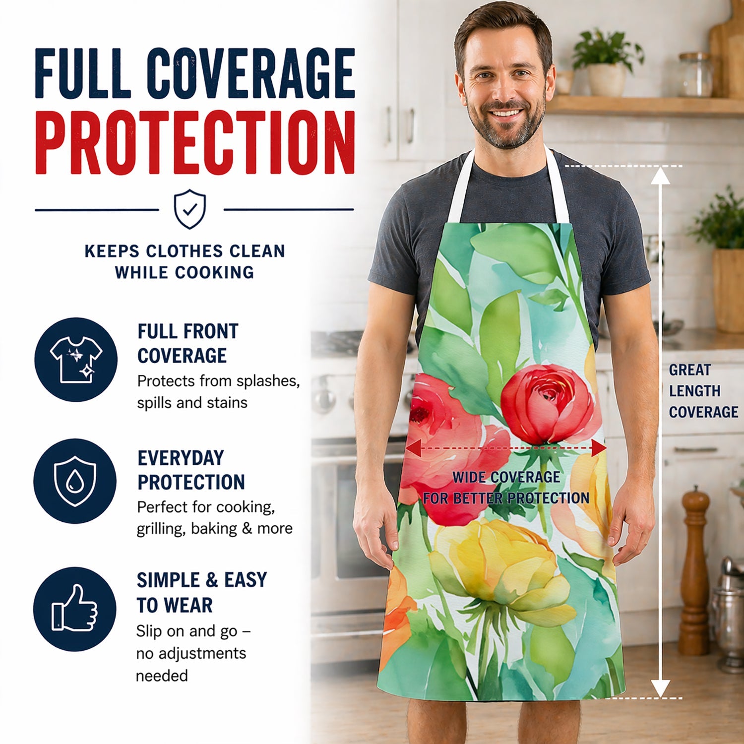 Ranunculus in Watercolor Apron Cooking Kitchen Server Baking Crafts Gardening for Adult Women Men, Unisex, Large, Multicolor