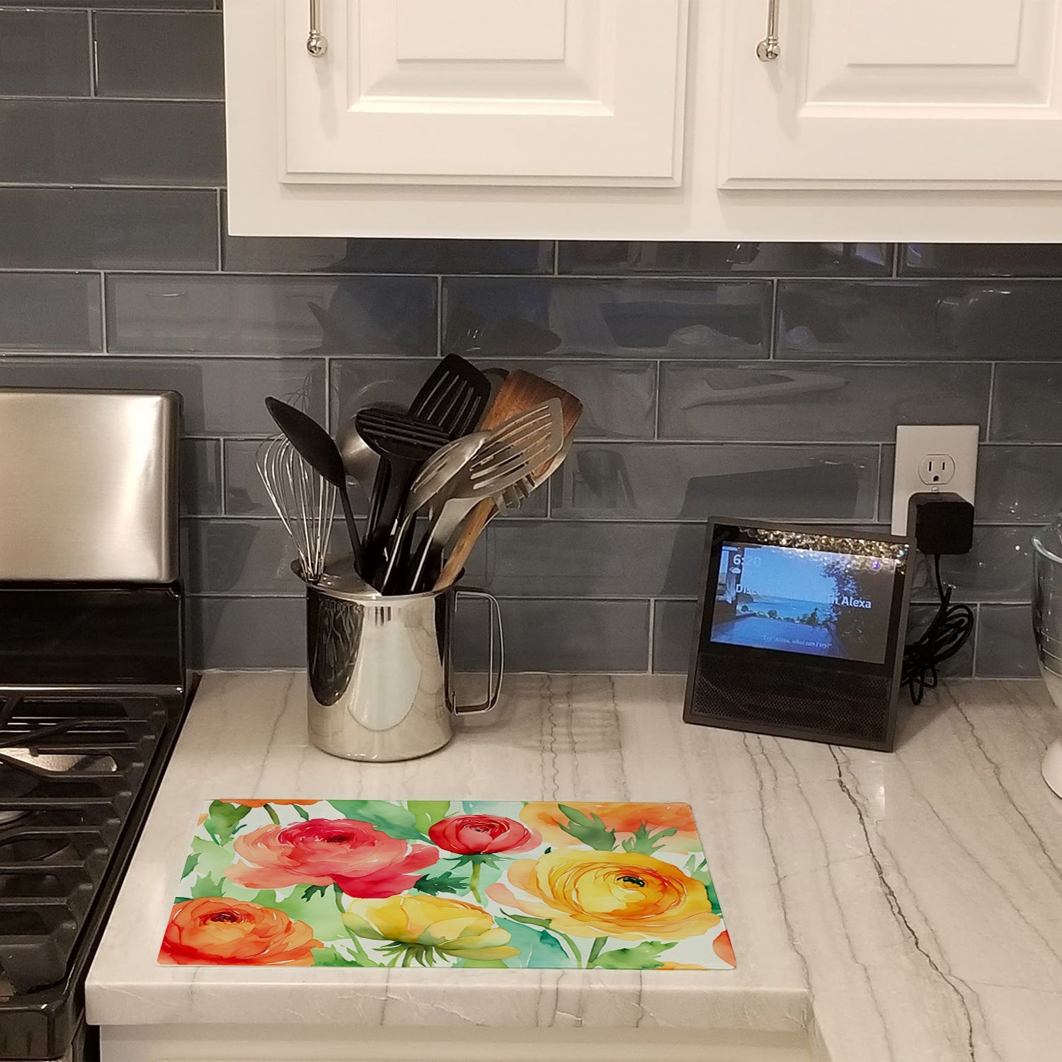 Ranunculus in Watercolor Cutting Board Tempered Glass Kitchen Cutting Surface, Heat Resistant Chopping, Non-Slip Feet, Food Prep & Serving