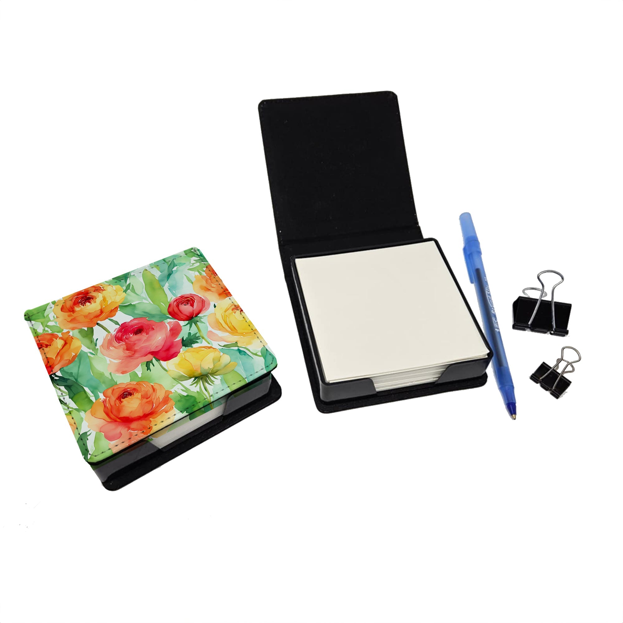 Ranunculus in Watercolor PU Leather Note Paper Holder with Artist-Designed Cover, Desk Accessory, Office Gift