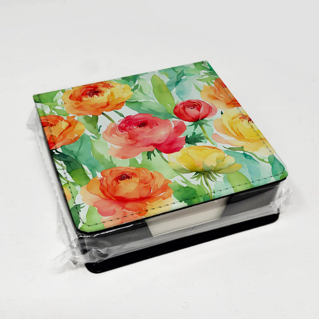 Ranunculus in Watercolor PU Leather Note Paper Holder with Artist-Designed Cover, Desk Accessory, Office Gift
