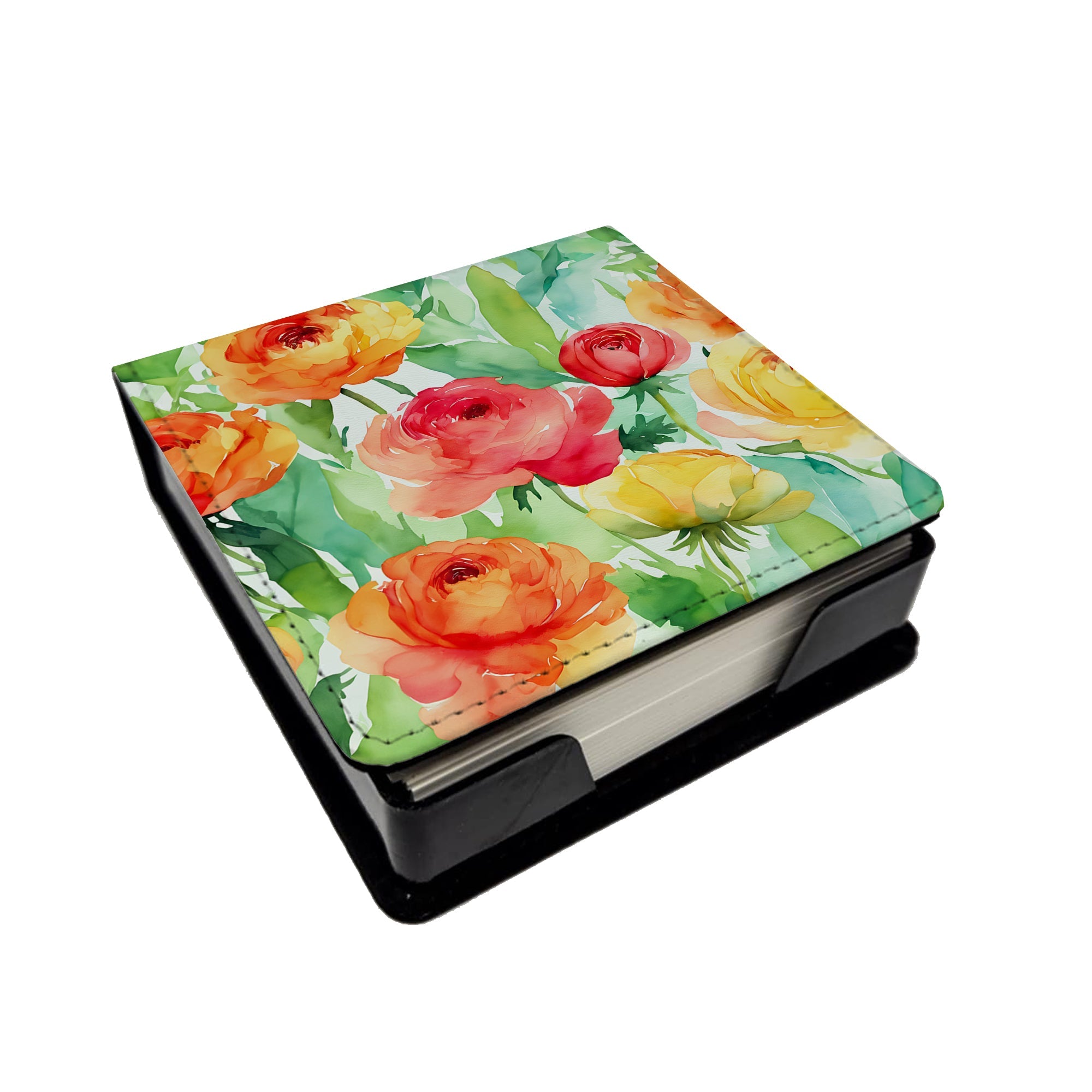 Ranunculus in Watercolor PU Leather Note Paper Holder with Artist-Designed Cover, Desk Accessory, Office Gift