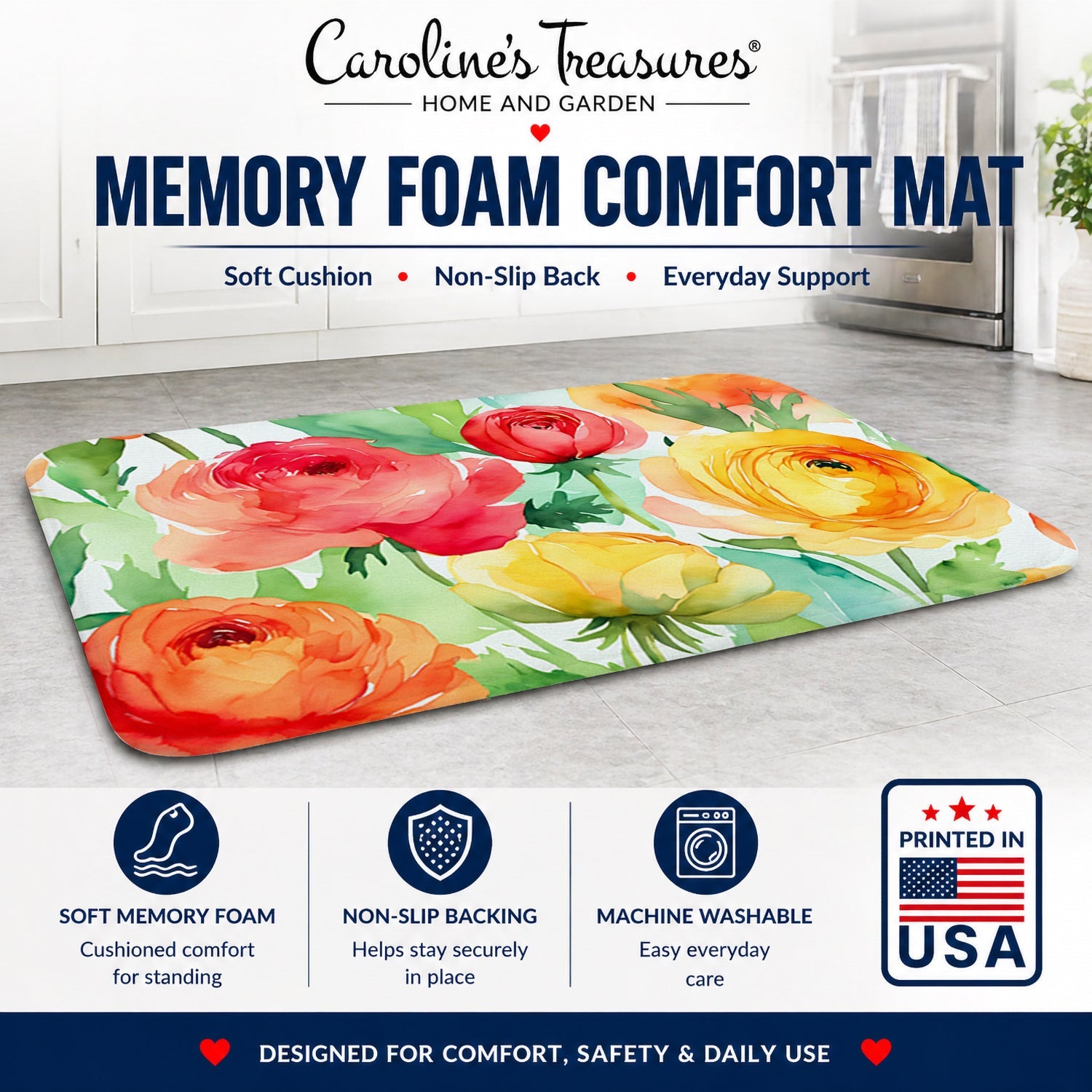 Ranunculus in Watercolor Memory Foam Kitchen Mat Machine Washable Anti-Fatigue Cushion Comfort Bath or Kitchen Rug
