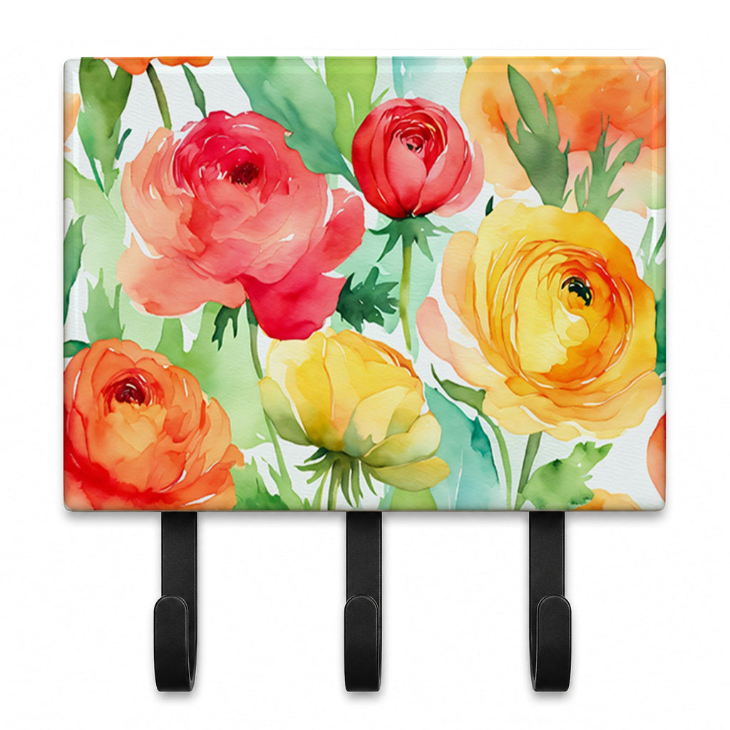 Ranunculus in Watercolor Leash or Key Holder Wall Hooks, Coat Rack Wall Mount, for Hanging Keys, Towels, Aprons, Leashes