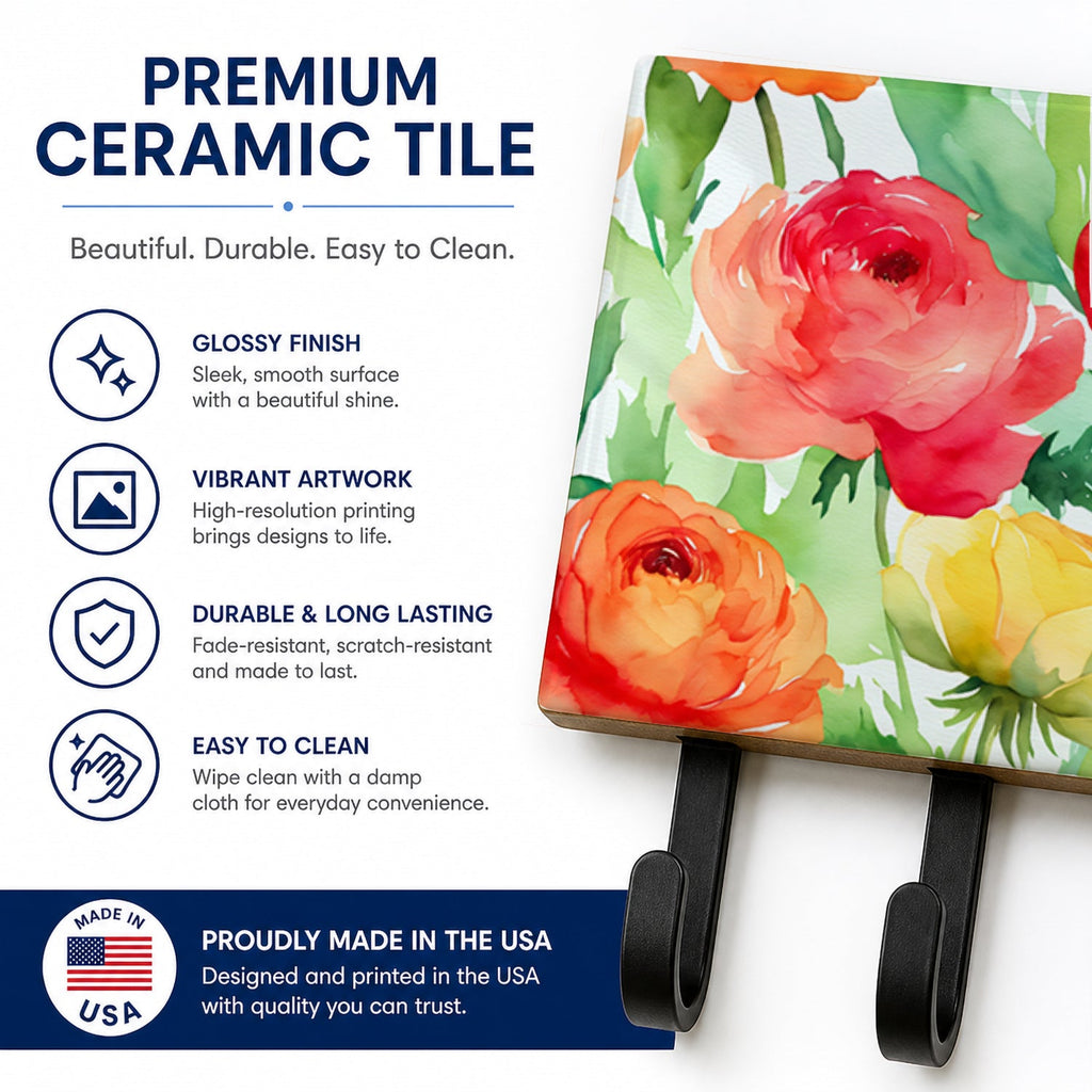 Ranunculus in Watercolor Leash or Key Holder Wall Hooks, Coat Rack Wall Mount, for Hanging Keys, Towels, Aprons, Leashes