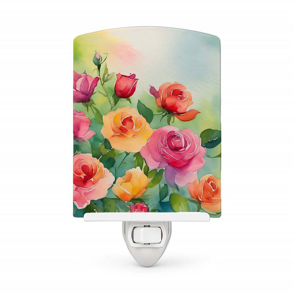 Roses in Watercolor Ceramic Night Light Compact, UL-Certified, Ideal for Bedroom, Bathroom, Nursery, Hallway, Kitchen, 6x4x3, Multicolor