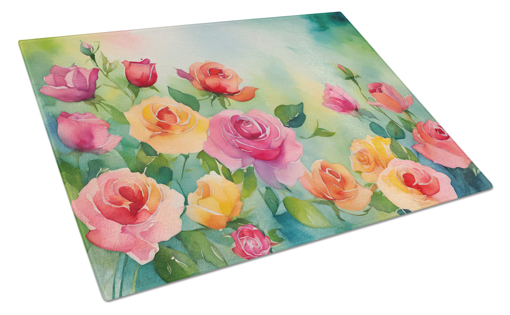 Roses in Watercolor Cutting Board Tempered Glass Kitchen Cutting Surface, Heat Resistant Chopping, Non-Slip Feet, Food Prep & Serving