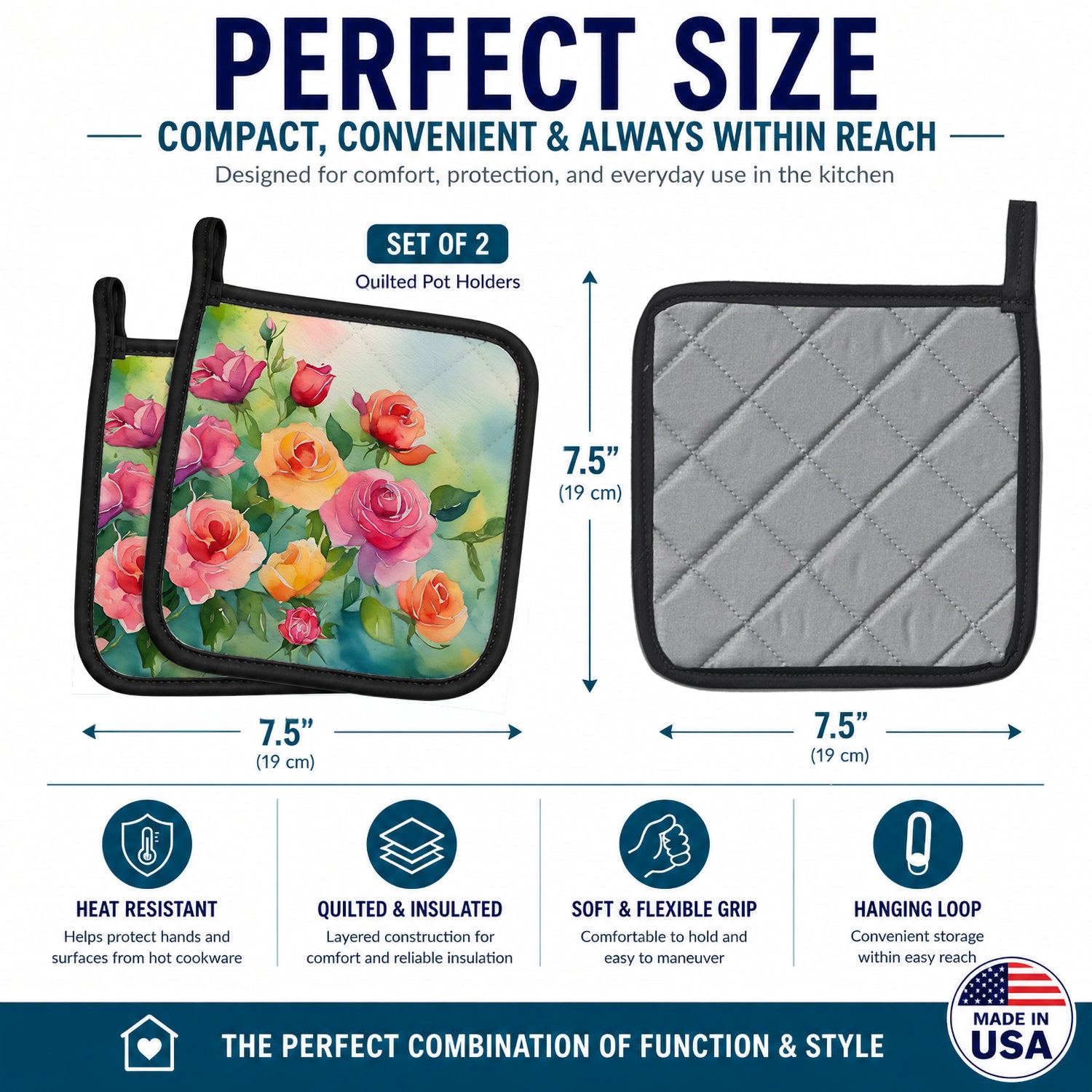 Roses in Watercolor Pot Holder Set of 2 Heat Resistant Quilted Hot Pads 7.5 x 7.5 Inch, Insulated Kitchen Trivets for Cooking & Baking