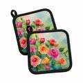 Roses in Watercolor Pot Holder Set of 2 Heat Resistant Quilted Hot Pads 7.5 x 7.5 Inch, Insulated Kitchen Trivets for Cooking & Baking