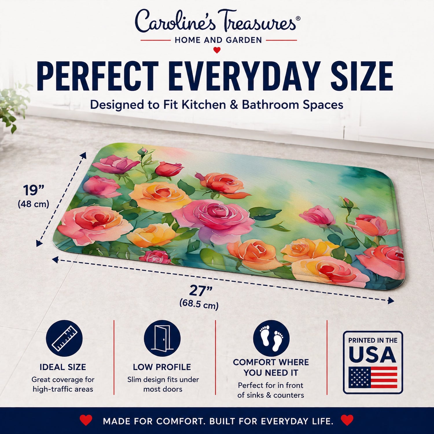 Roses in Watercolor Memory Foam Kitchen Mat Machine Washable Anti-Fatigue Cushion Comfort Bath or Kitchen Rug