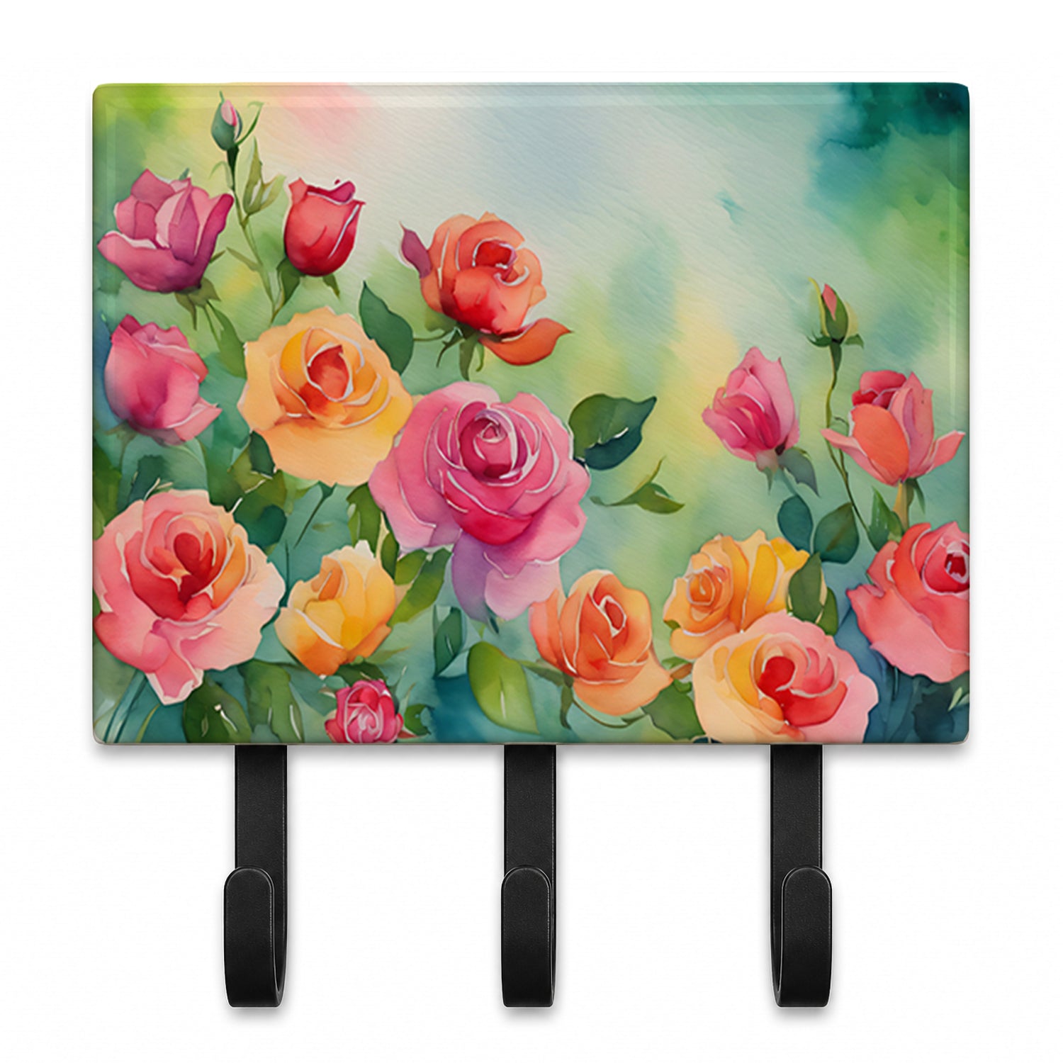 Roses in Watercolor Leash or Key Holder Wall Hooks, Coat Rack Wall Mount, for Hanging Keys, Towels, Aprons, Leashes