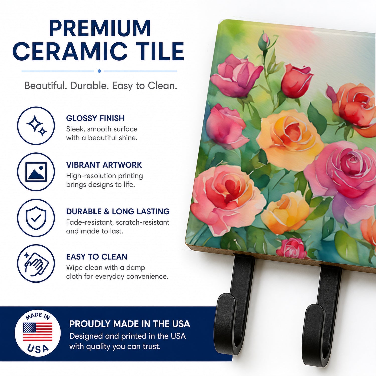 Roses in Watercolor Leash or Key Holder Wall Hooks, Coat Rack Wall Mount, for Hanging Keys, Towels, Aprons, Leashes