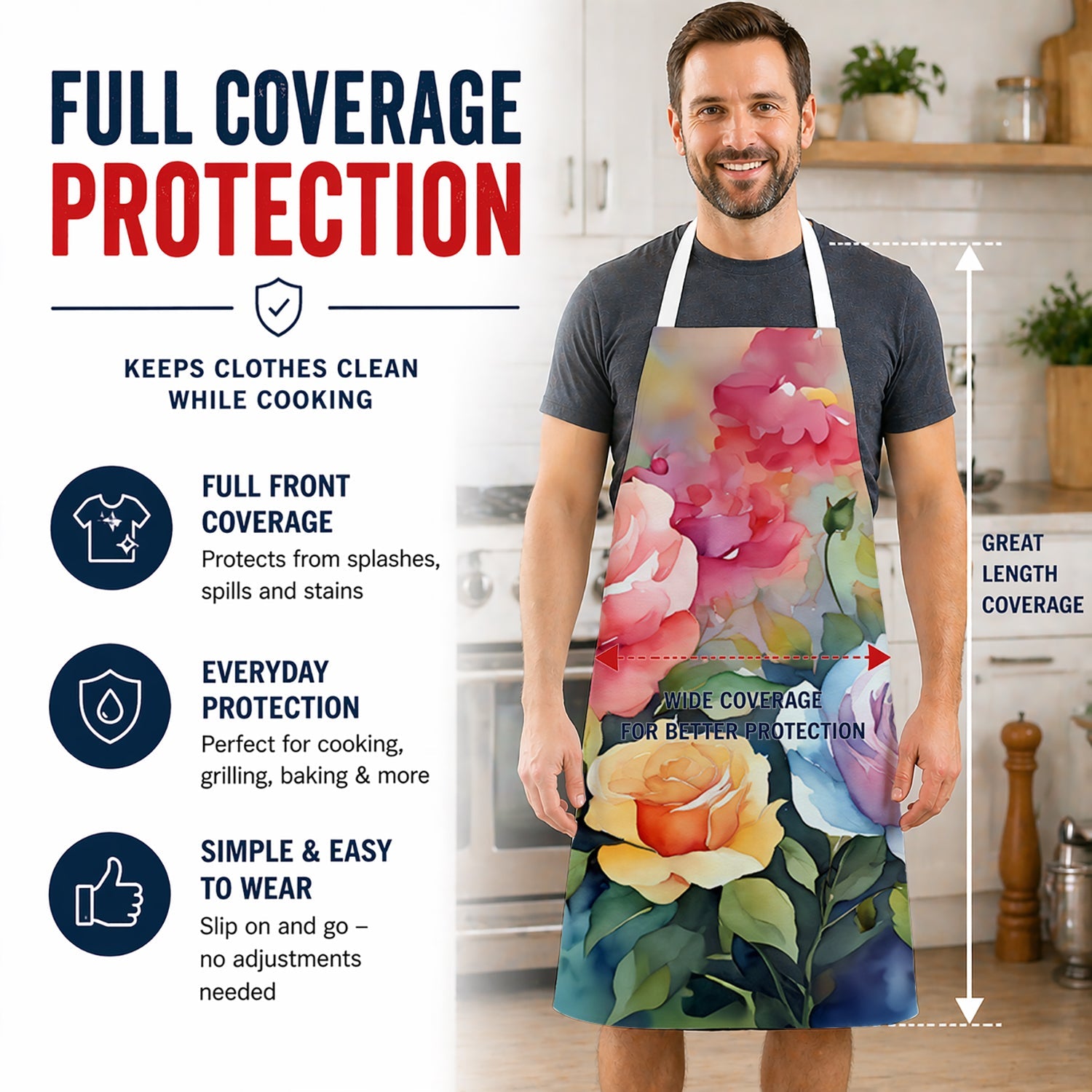 Roses in Watercolor Apron Cooking Kitchen Server Baking Crafts Gardening for Adult Women Men, Unisex, Large, Multicolor