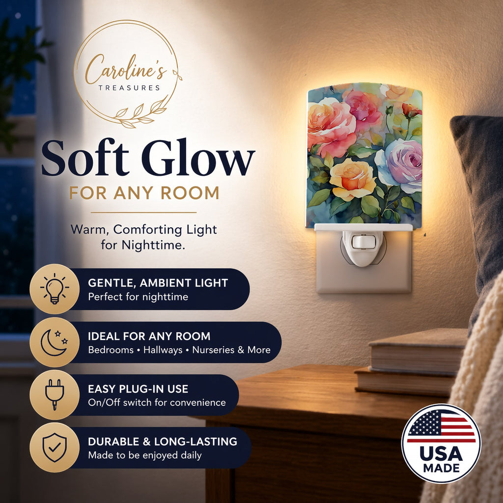 Roses in Watercolor Ceramic Night Light Compact, UL-Certified, Ideal for Bedroom, Bathroom, Nursery, Hallway, Kitchen, 6x4x3, Multicolor