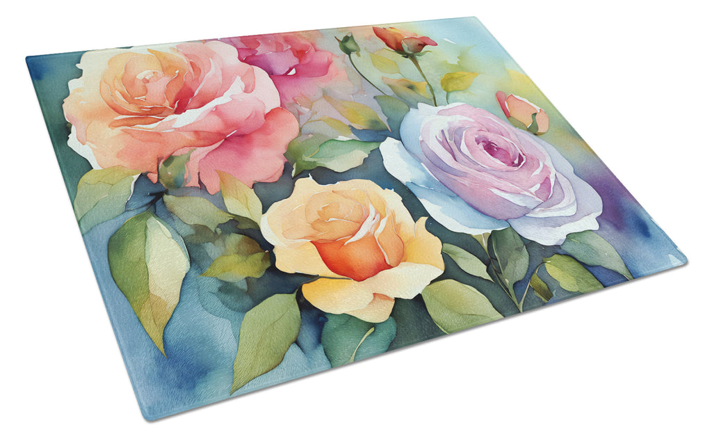 Roses in Watercolor Cutting Board Tempered Glass Kitchen Cutting Surface, Heat Resistant Chopping, Non-Slip Feet, Food Prep & Serving