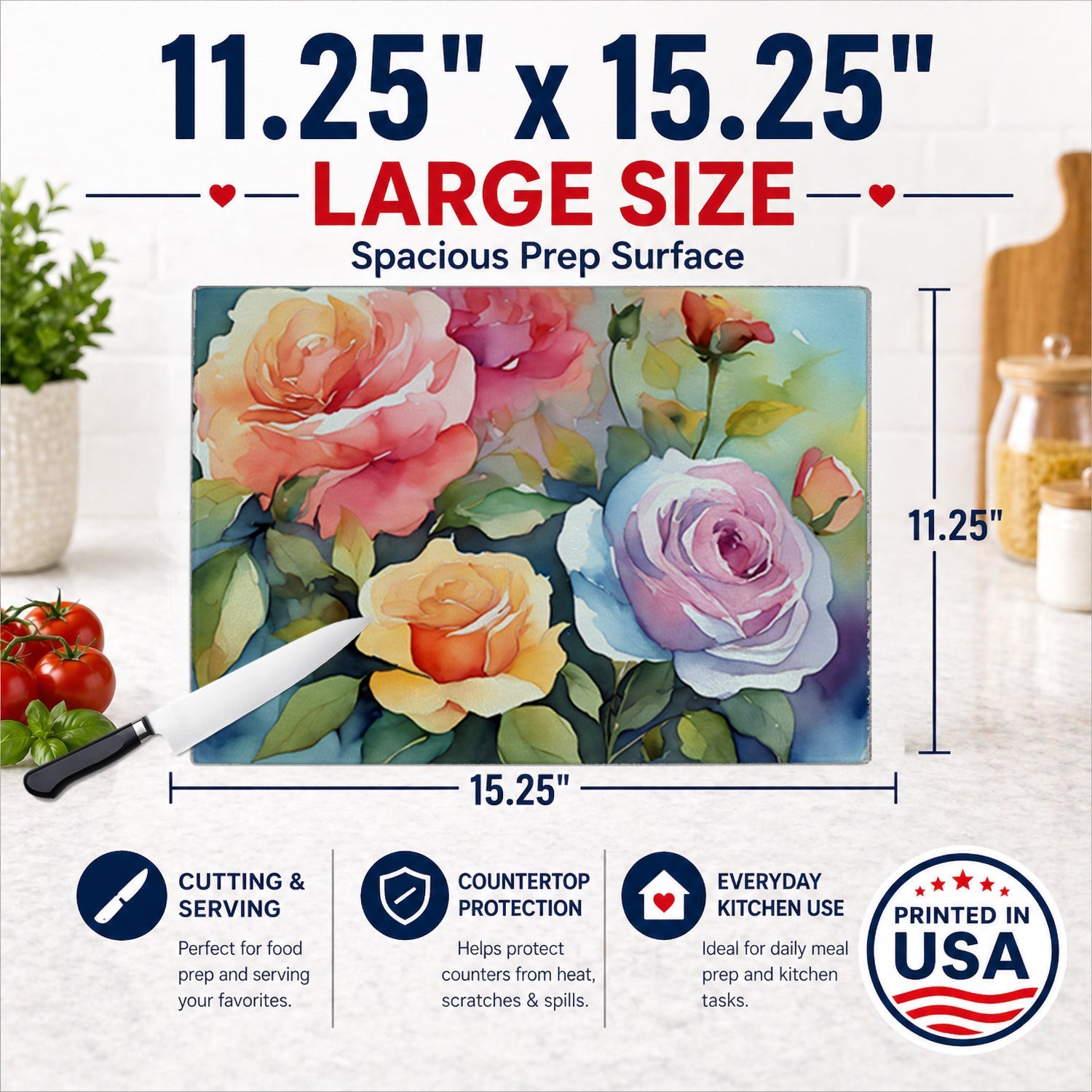 Roses in Watercolor Cutting Board Tempered Glass Kitchen Cutting Surface, Heat Resistant Chopping, Non-Slip Feet, Food Prep & Serving