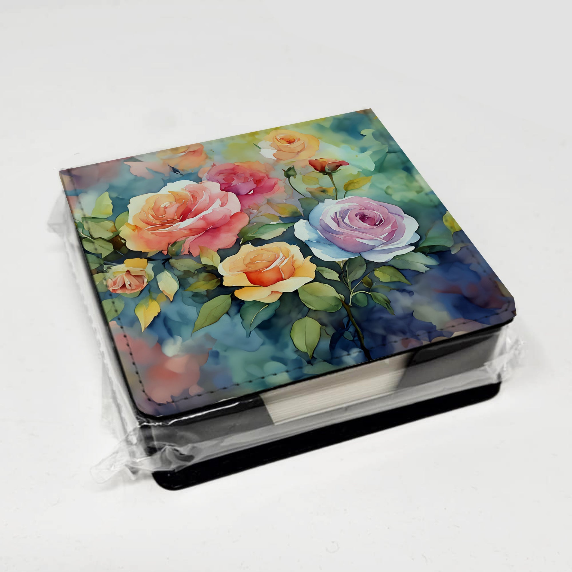 Roses in Watercolor PU Leather Note Paper Holder with Artist-Designed Cover, Desk Accessory, Office Gift