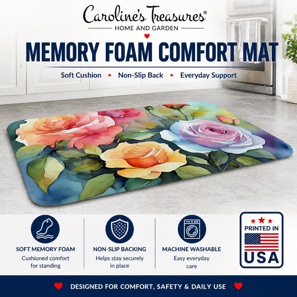 Roses in Watercolor Memory Foam Kitchen Mat Machine Washable Anti-Fatigue Cushion Comfort Bath or Kitchen Rug