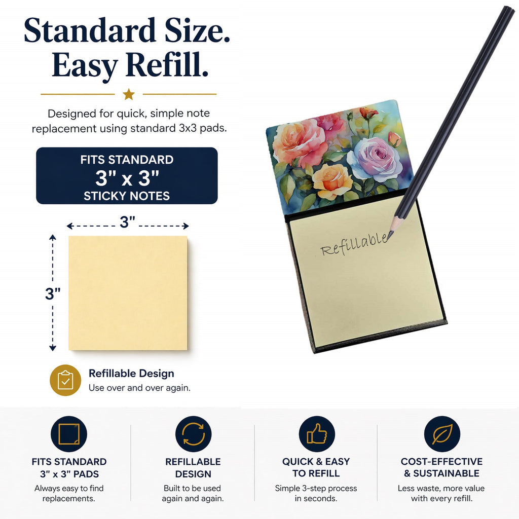Roses in Watercolor Watercolor Sticky Note Holder Refillable Dispenser Desk Accessory 3x3 Pad Gift