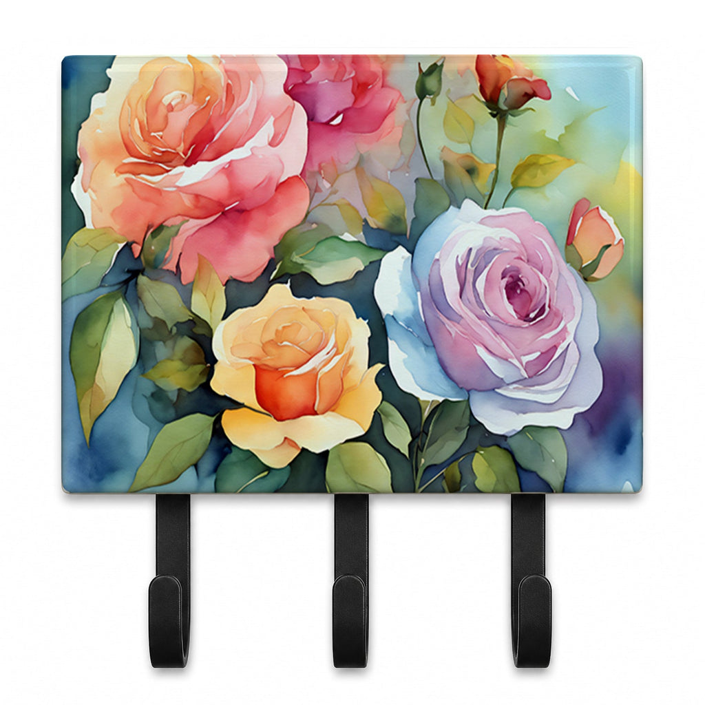 Roses in Watercolor Leash or Key Holder Wall Hooks, Coat Rack Wall Mount, for Hanging Keys, Towels, Aprons, Leashes