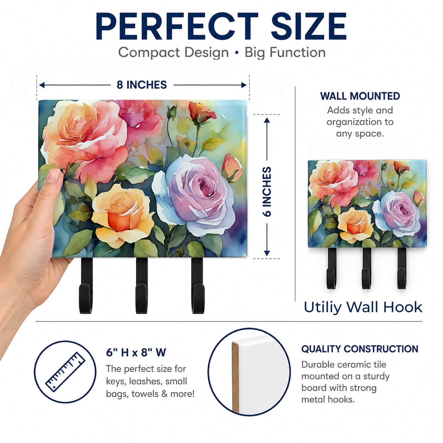 Roses in Watercolor Leash or Key Holder Wall Hooks, Coat Rack Wall Mount, for Hanging Keys, Towels, Aprons, Leashes