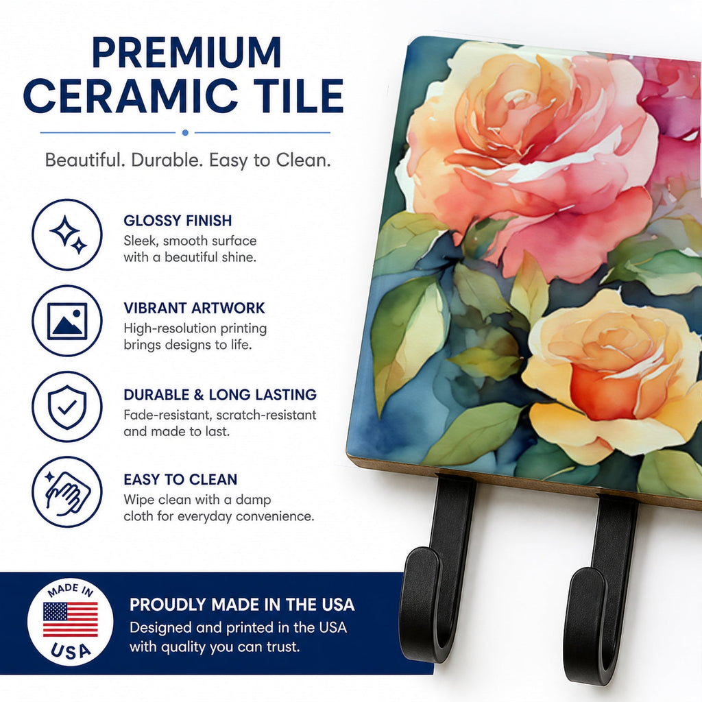 Roses in Watercolor Leash or Key Holder Wall Hooks, Coat Rack Wall Mount, for Hanging Keys, Towels, Aprons, Leashes