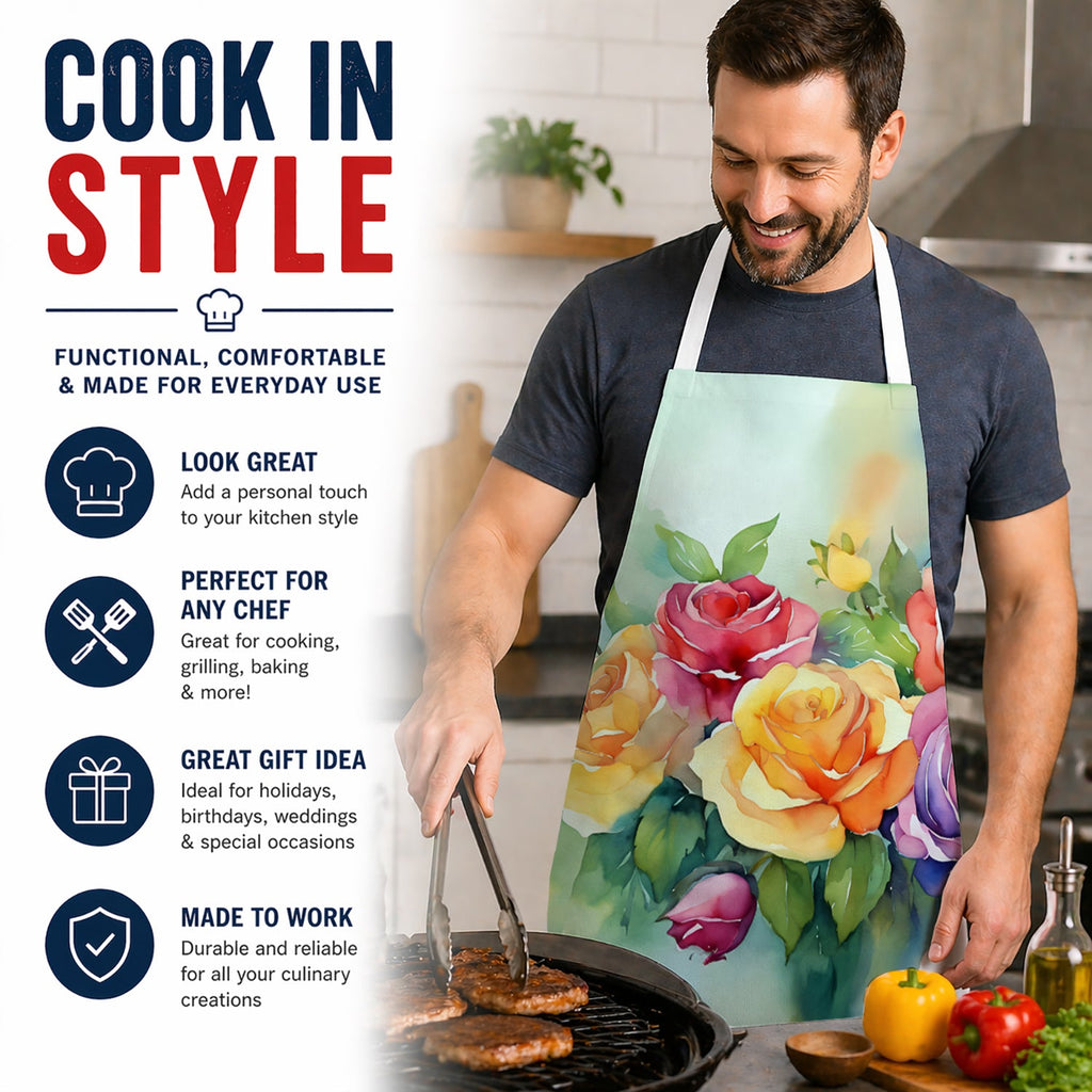 Roses in Watercolor Apron Cooking Kitchen Server Baking Crafts Gardening for Adult Women Men, Unisex, Large, Multicolor