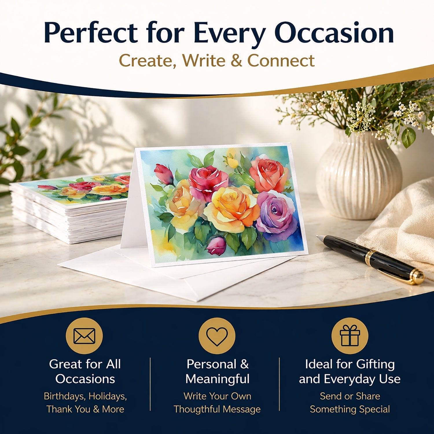 Roses in Watercolor Greeting Cards Pack of 8 Blank Cards with Envelopes Whimsical A7 Size 5x7